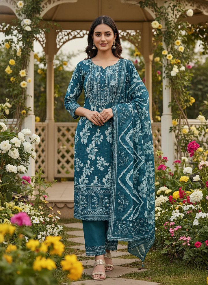 Peacock Blue Cotton with Printed Embroidery (51621)