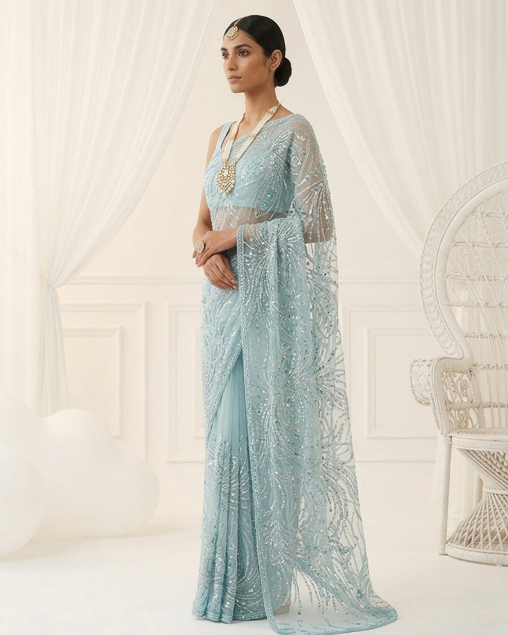 Twilight Blue Organza with Cascading Embroidery (54591)
