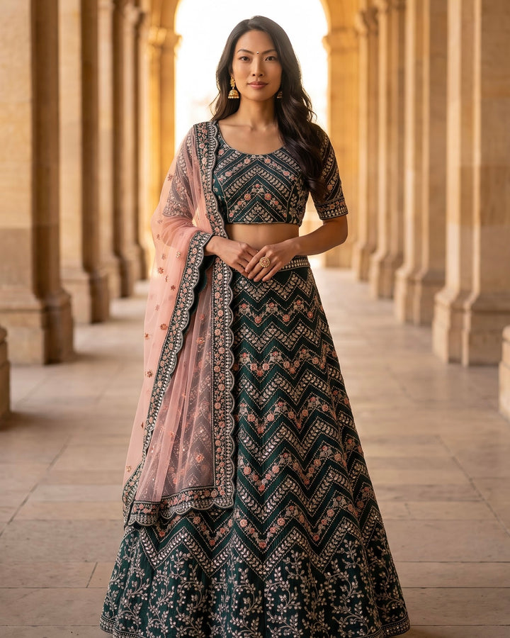 Emerald Georgette Bridal Embroidered Lehenga (12793)