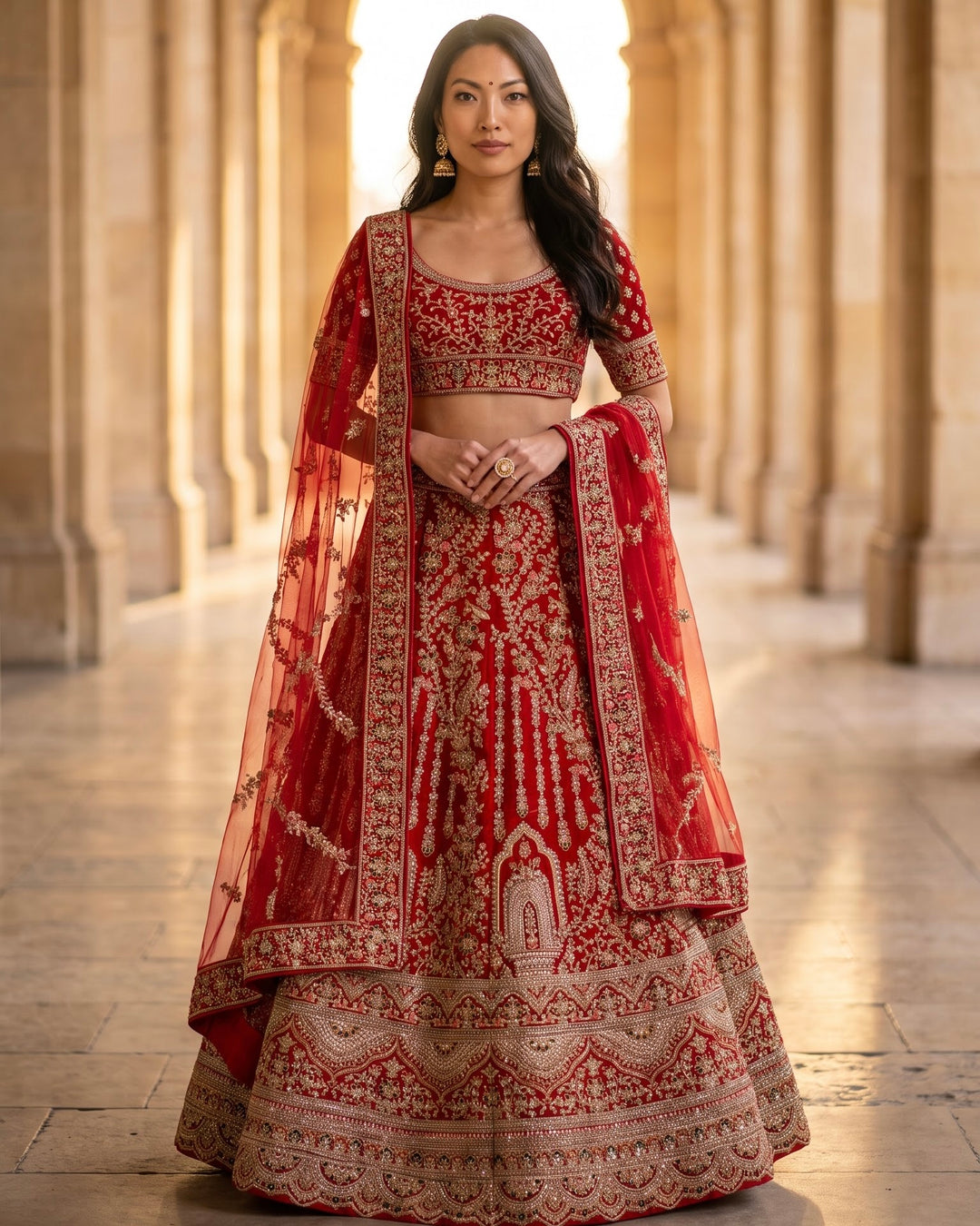 Luxurious Scarlet Velvet Bridal Lehenga with Exquisite Embellishments (43445)