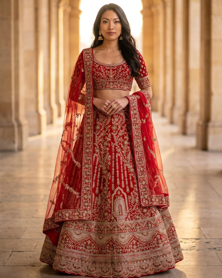 Luxurious Scarlet Velvet Bridal Lehenga with Exquisite Embellishments (43445)
