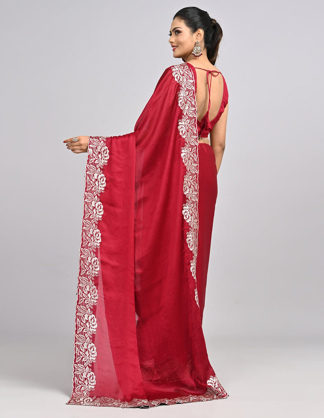 Ruhani – Red Chinnon Saree with Threadwork Border & Self-Coloured Blouse | Fazals (48096)