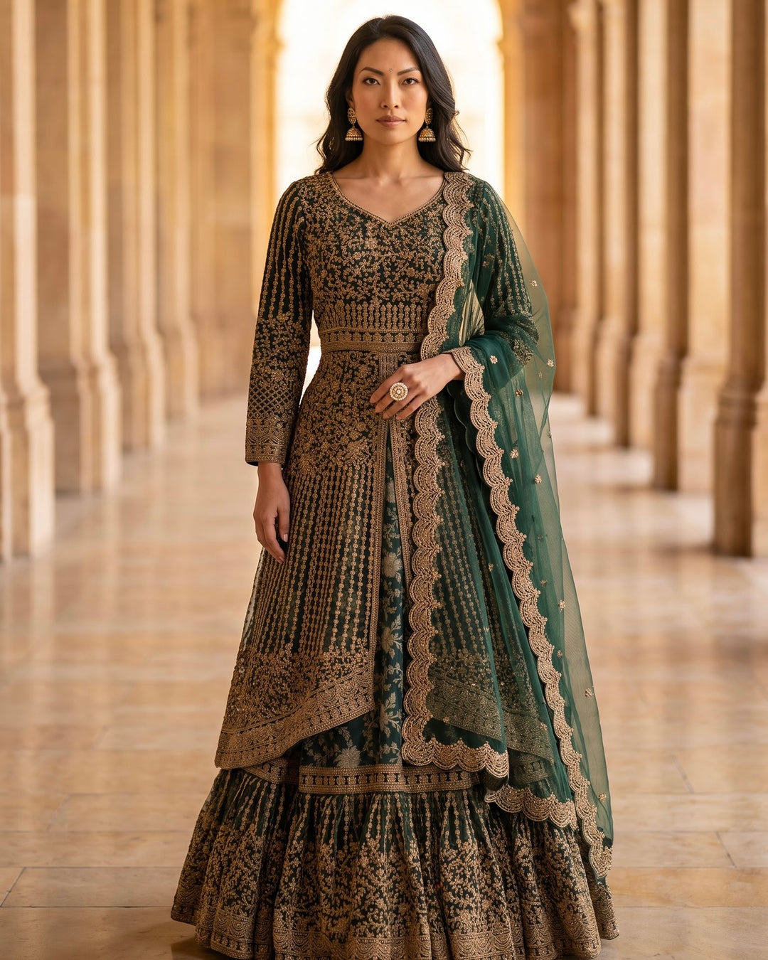 Bottle Green Embroidered Trail Cut Farshi (56988)
