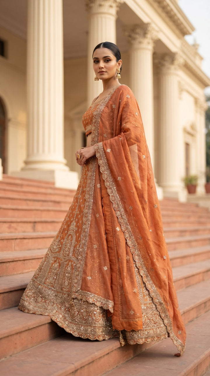 Embroidered Orange Organza Bridal Dupatta (45964)