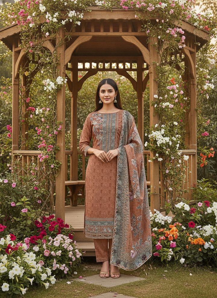 Earthy Brown Muslin with Printed Embroidery (48476)