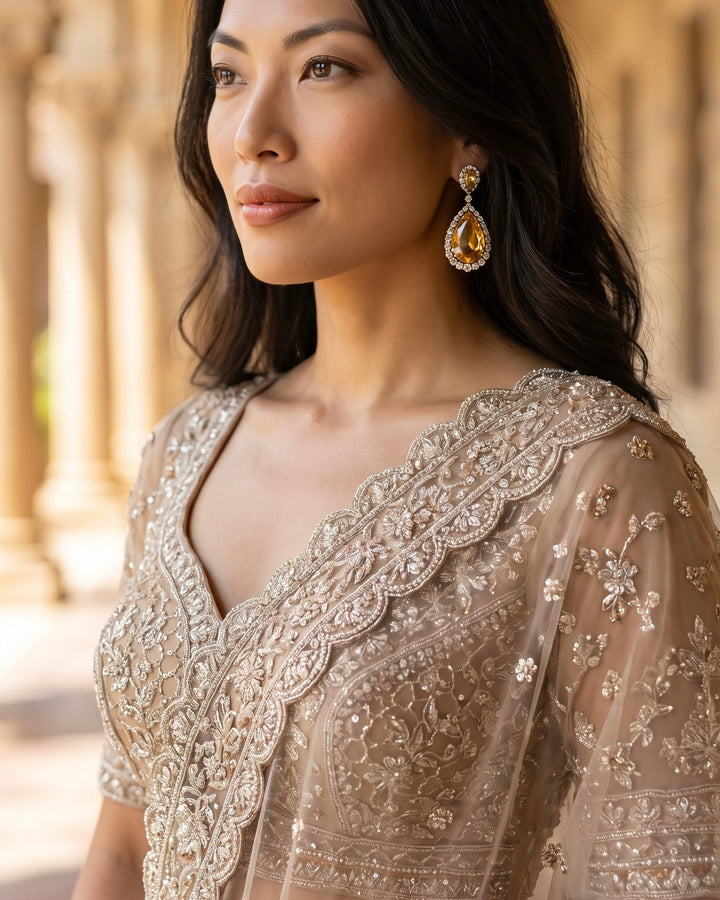 Beige Net Embroidered Dupatta with Elegance (54601)