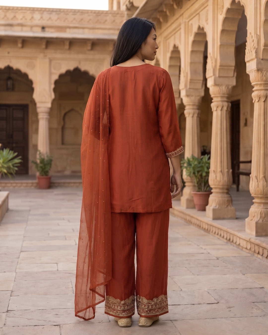 Embroidered Orange Chinnon Festive Ensemble (52600)