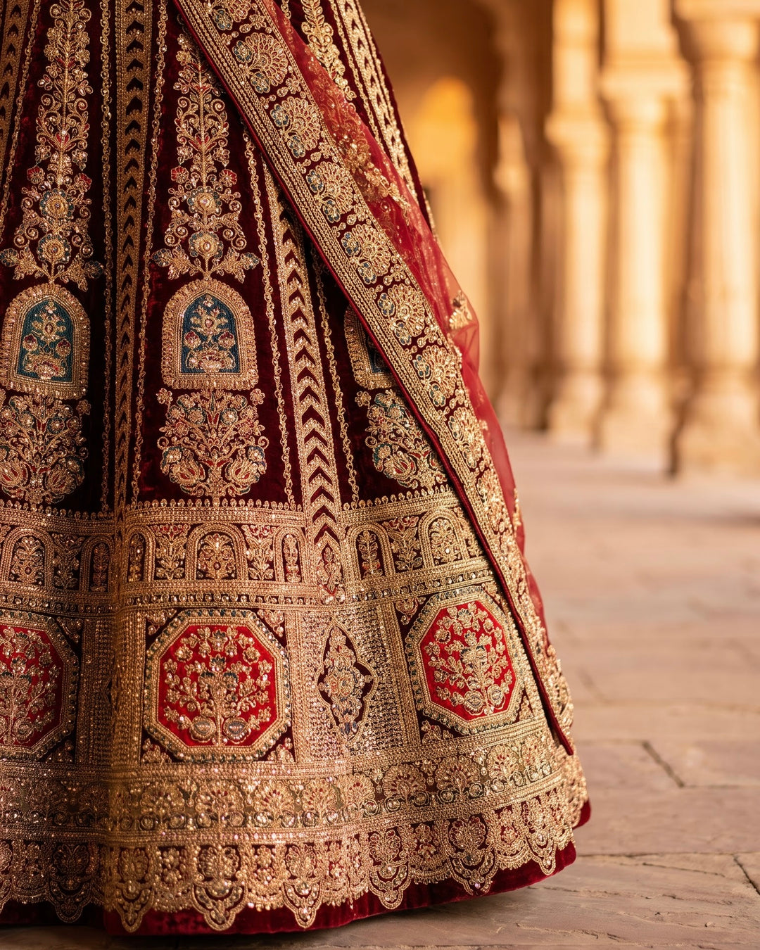 Maroon Velvet Embroidered Bridal Lehenga (42942)