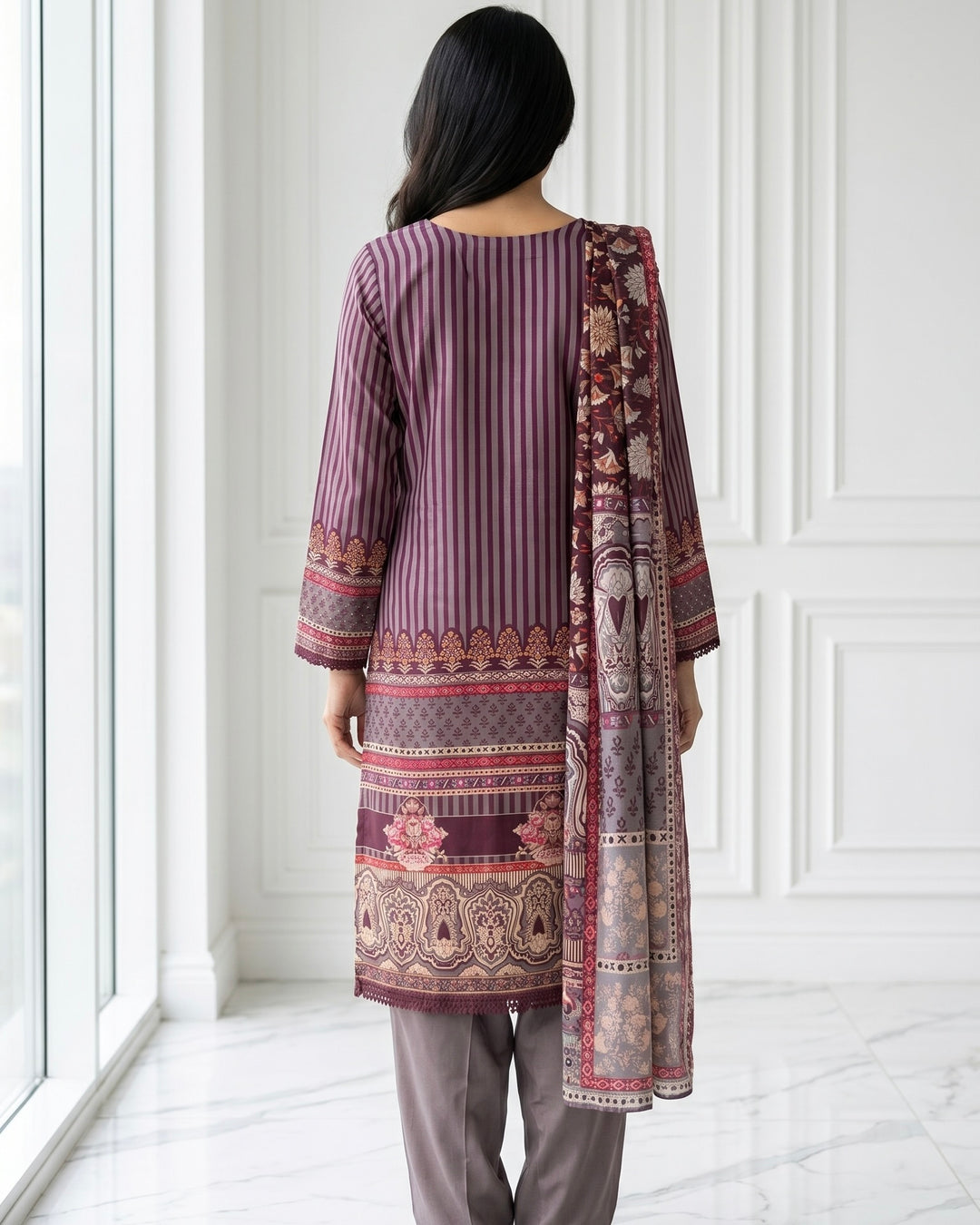 Wine Crepe Embroidered Straight Cut Festive Ensemble (51353)