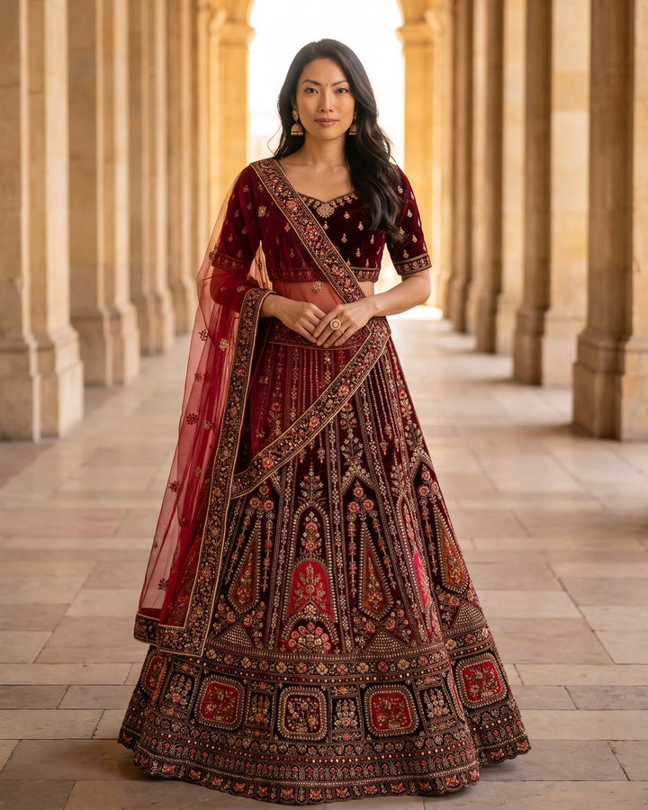 Maroon Velvet Embroidered Bridal Lehenga (54306)