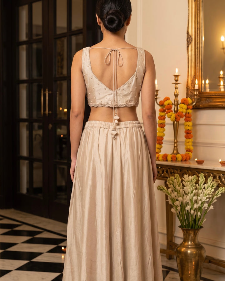 Beige Embroidered Chinnon Blouse Pant Set (49184)