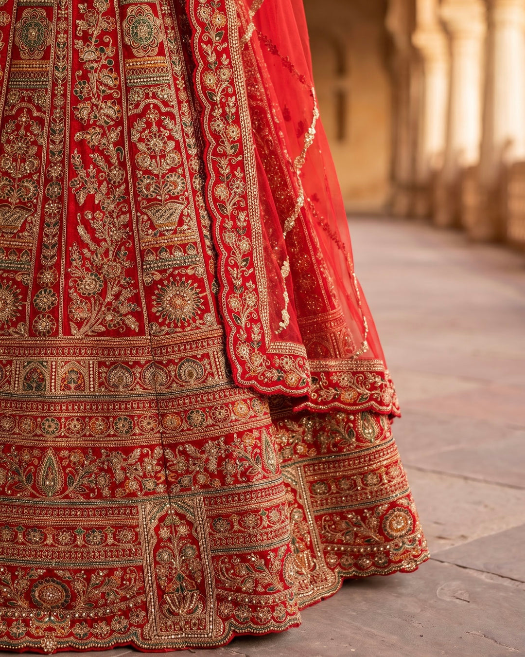 Scarlet Velvet Bridal Embroidered Lehenga (45714)