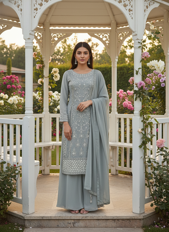 Grey Georgette Handwork Embroidered Festive Ensemble (53058)