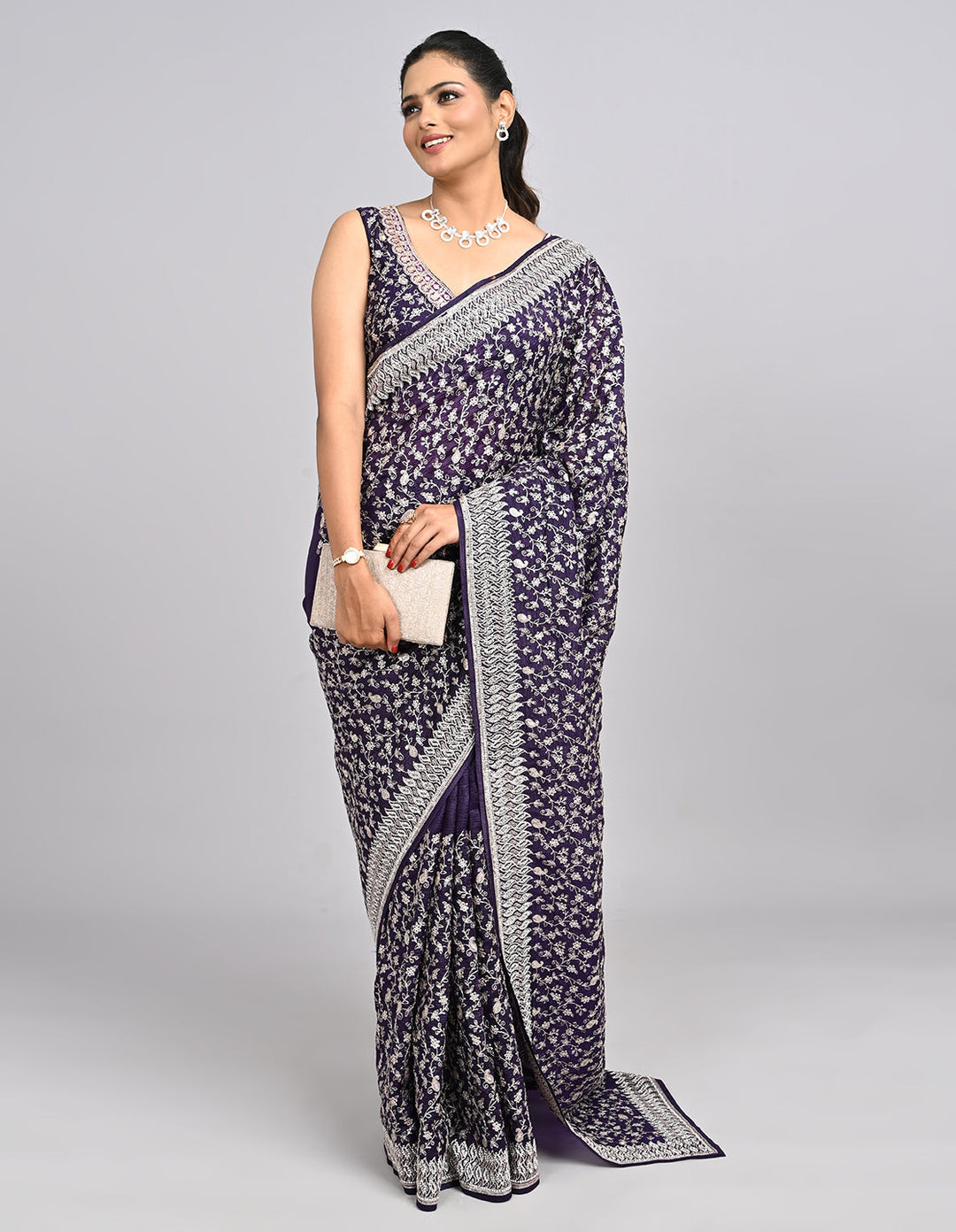 Raaya – Deep Purple Silk Saree with Zari & Sequin Embroidery | Fazals (46582)