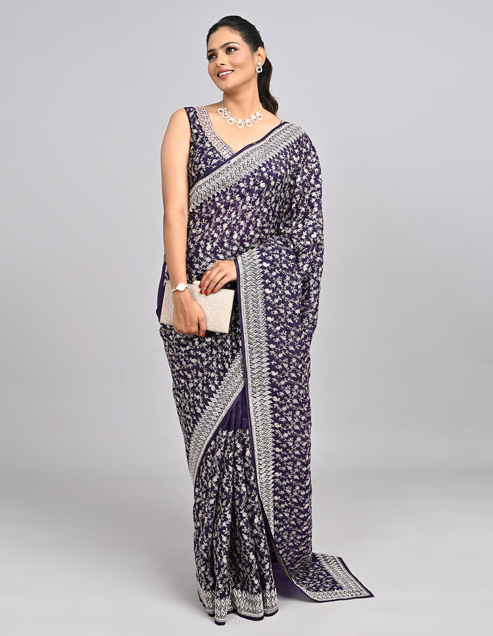 Raaya – Deep Purple Silk Saree with Zari & Sequin Embroidery | Fazals (46582)