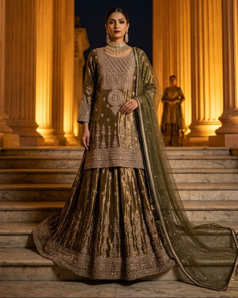 Zaiton – Dark Olive Organza Gharara Suit with Zari, Katdana & Stone Work | Fazals (51242)