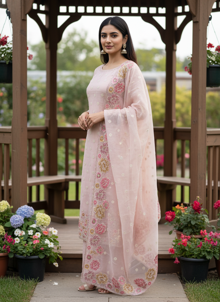 Embroidered Blush Organza for Festive Elegance (52413)
