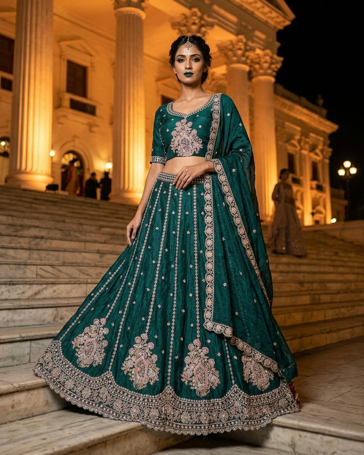 Bottle Green Embroidered Organza Dupatta (54515)