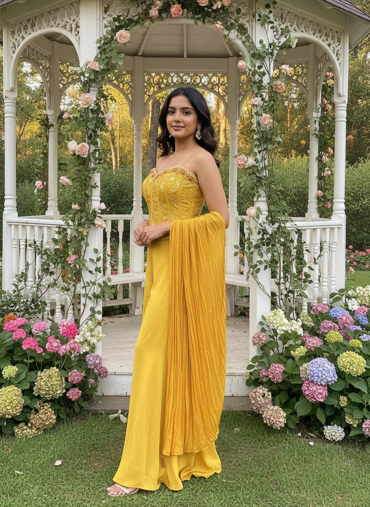 Embroidered Yellow Silk Plazo Suit (56434)