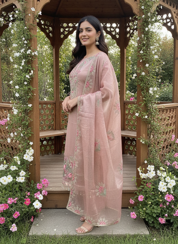 Pink Embroidered Organza Festive Ensemble (58904)