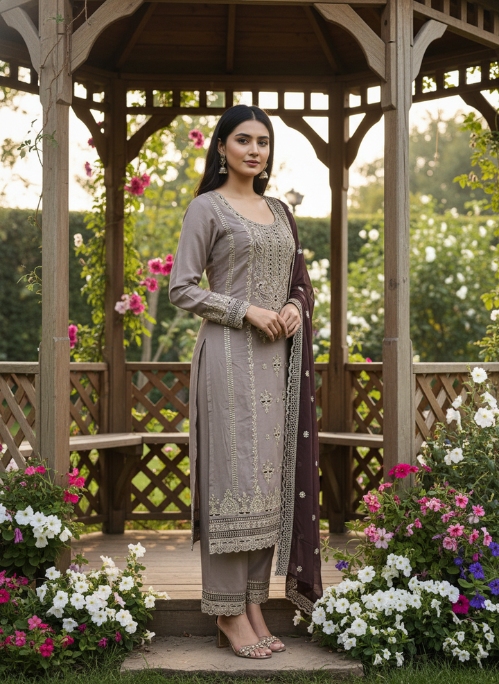 Monsoon Brown Chinnon with Zari Embroidery (53526)