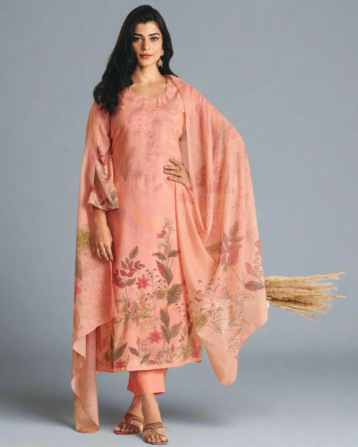 8109A-Peach Muslin Floral Print Suit Set with Dupatta – Elegant & Breezy Daily/Festive Wear (43615)
