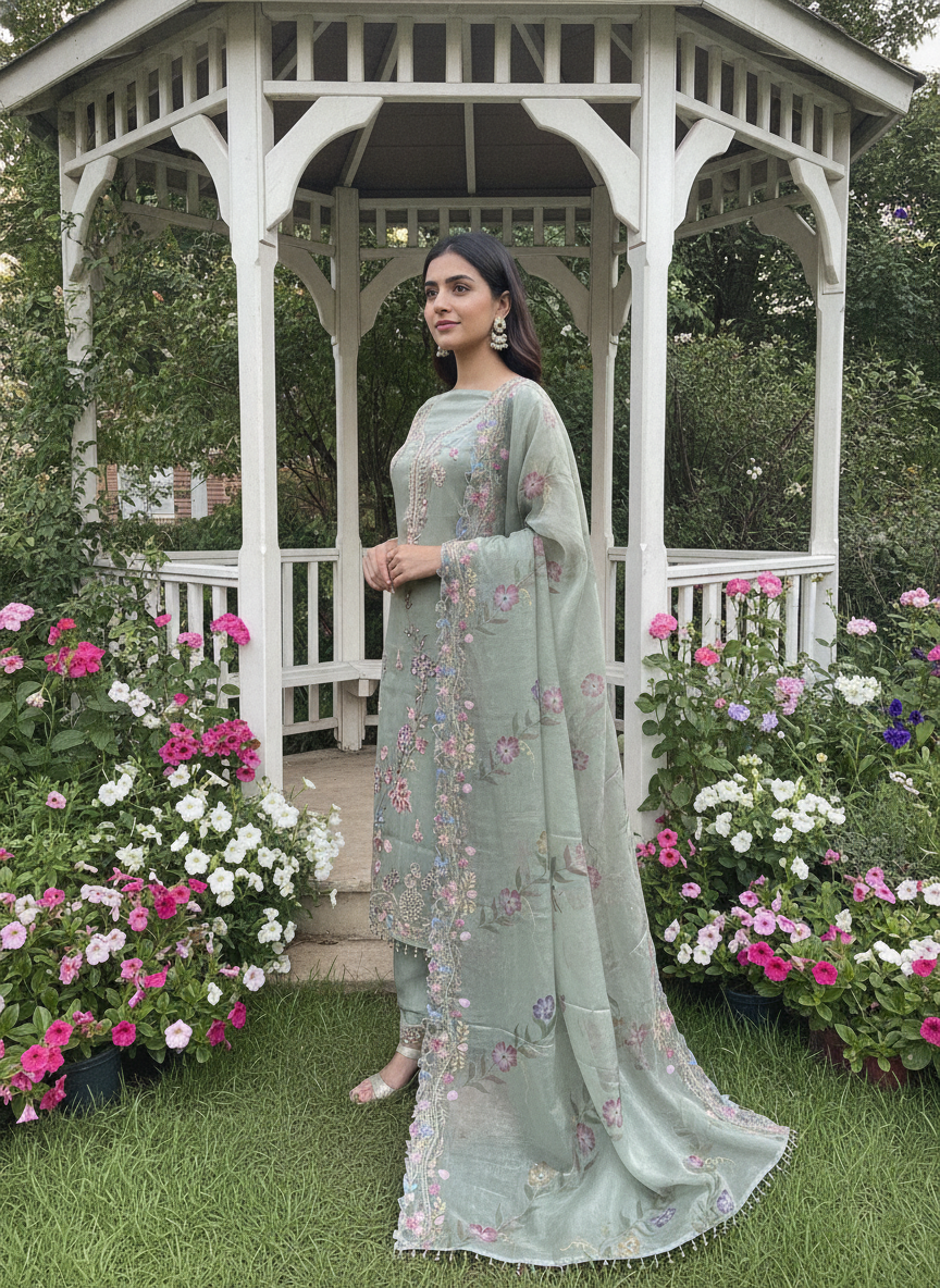 Sea Mist Organza With Delicate Embroidery (58914)