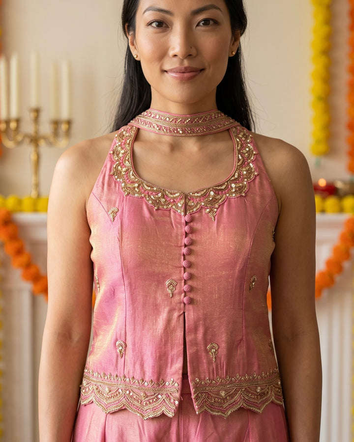 Pink tissue Embroidered Short Shirt Palazzo Set (46869)