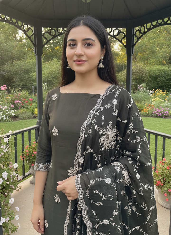 Embroidered Bottle Green Crepe Festive Ensemble (58875)