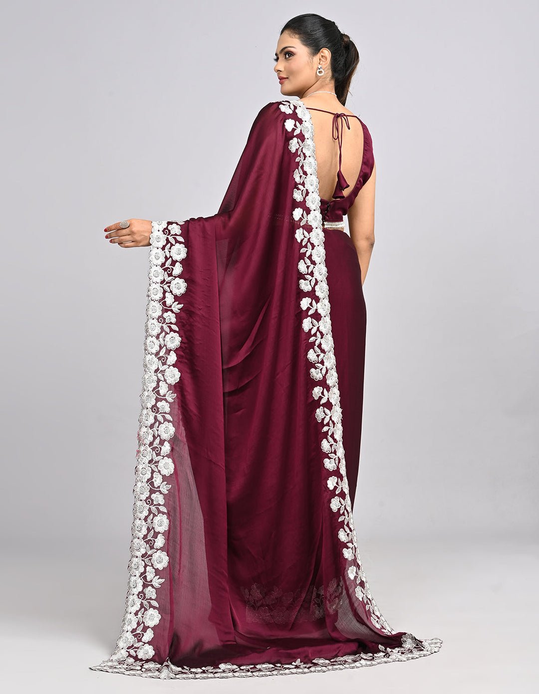 Aabroo – Wine Chinnon Saree with White Thread Embroidery | Fazals (47752)