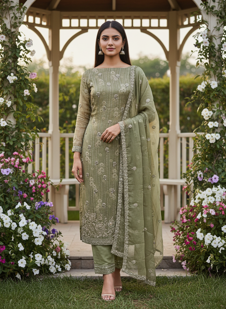 Green Upada Silk with Delicate Handwork (51926)