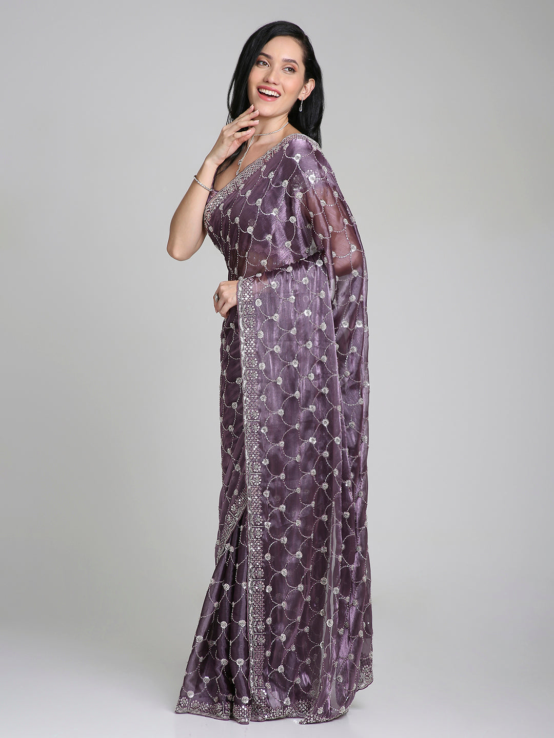 Meher – Lavender Purple Chinnon Saree with Pearl Embroidered Border | Fazals (43391)
