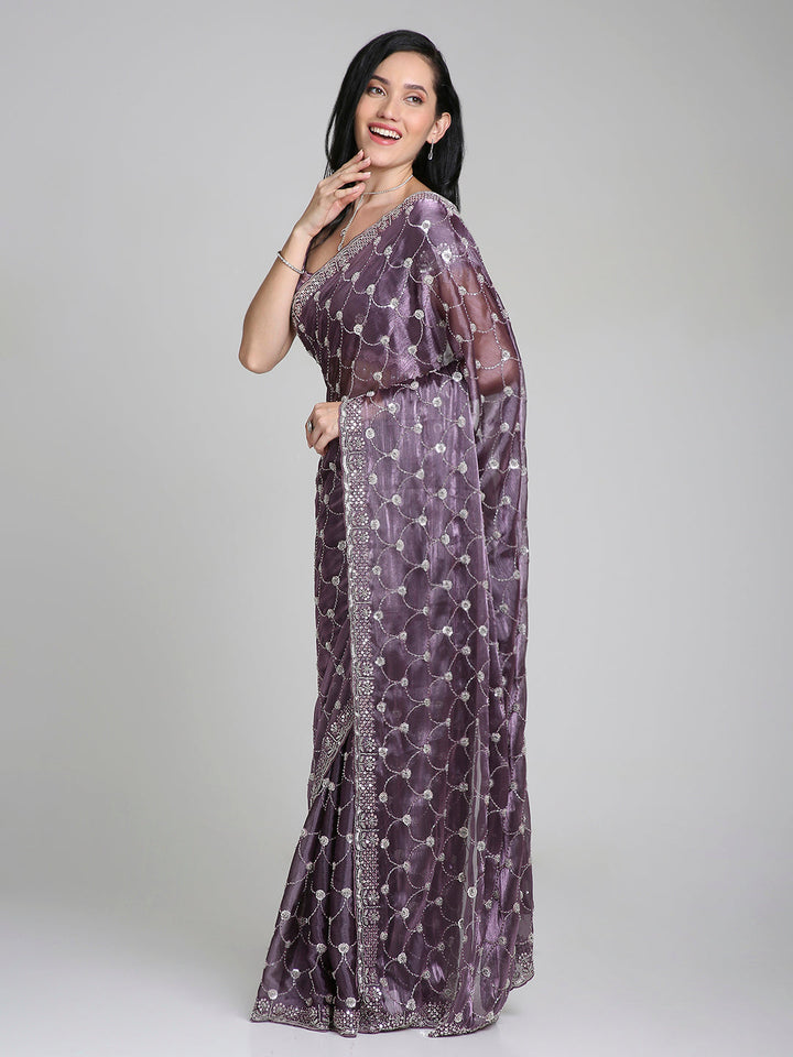 Meher – Lavender Purple Chinnon Saree with Pearl Embroidered Border | Fazals (43391)