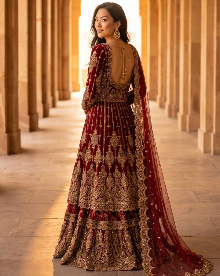 Maroon Embroidered Net Farshi with Heritage Elegance (56991)
