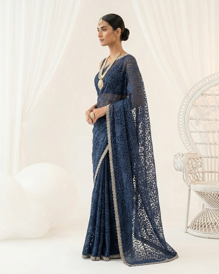 Navy Blue Embroidered Organza Saree Elegance (54579)