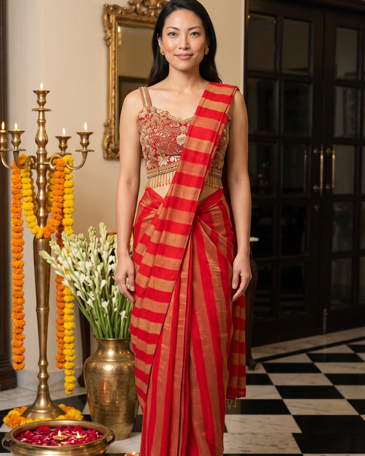 Embroidered Red Chinnon Pre-draped Saree and Blouse set (59834)