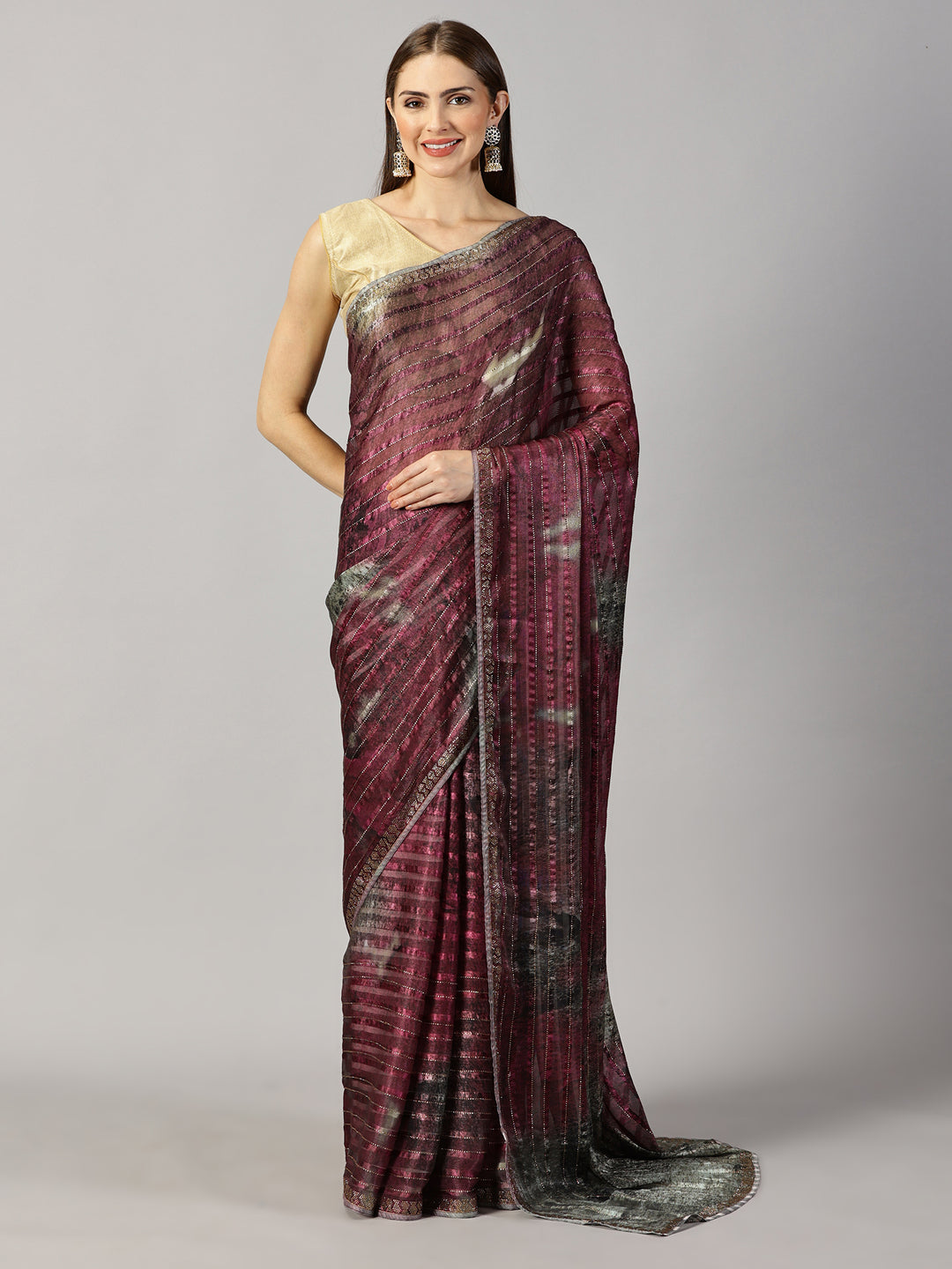 Printed Organza Stone Embroidered Saree