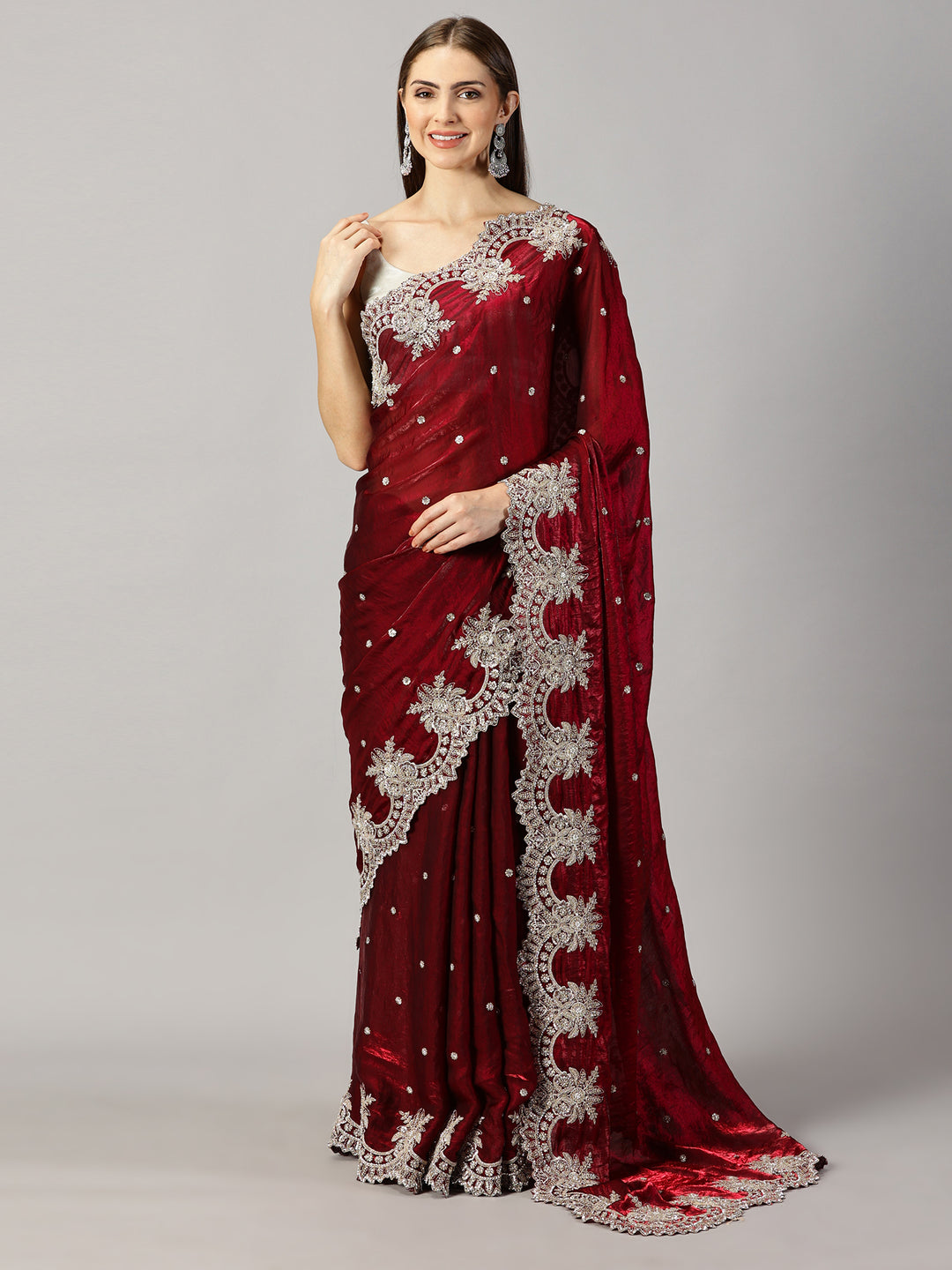 Organza Maroon Zari Embroidered Saree