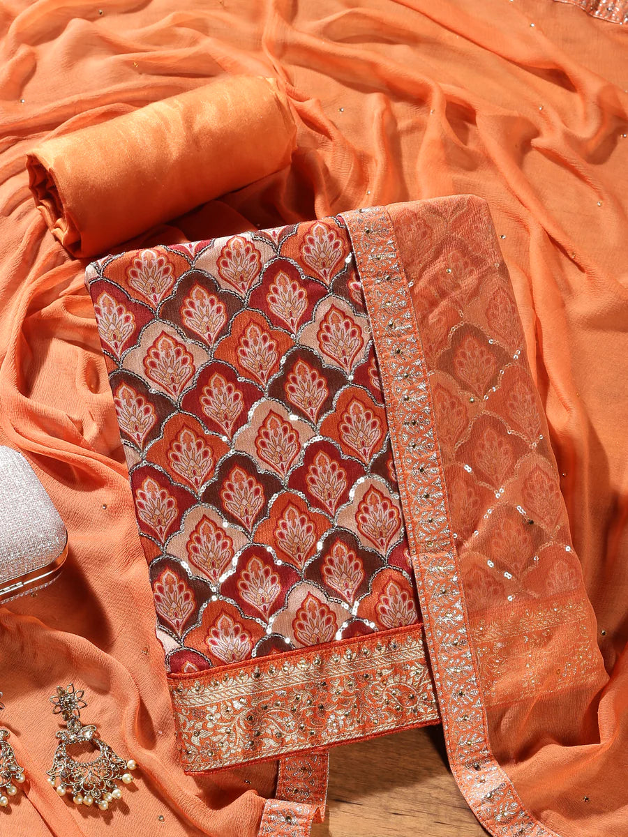 Orange Plain Chinnon Unstitched Salwar Suit