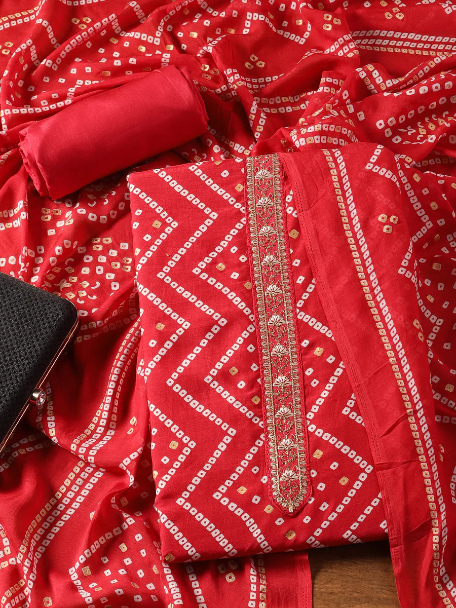 Fazals Red Muslin Printed Unstitched Salwar Suit