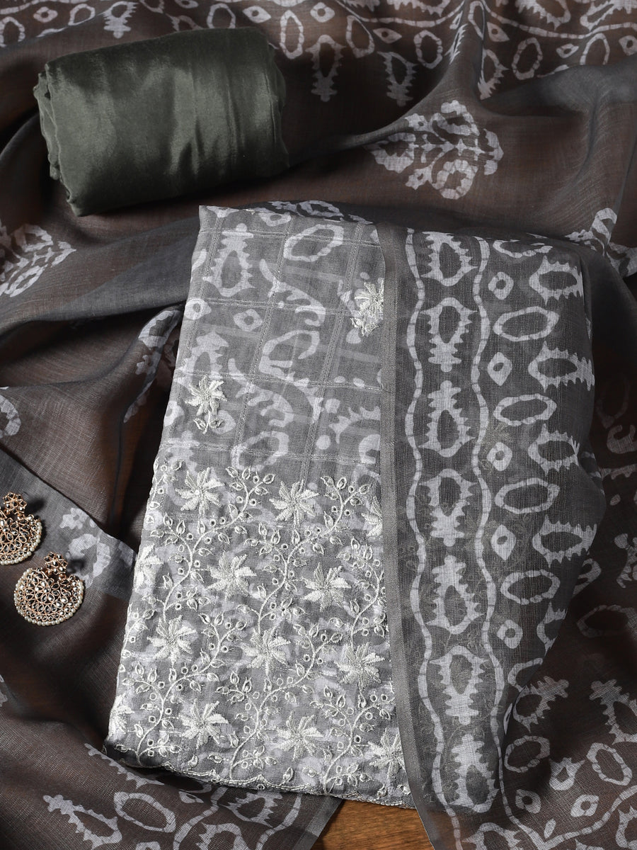 Fazals Charcoal Embroidered Unstitched Linen Salwar Suit