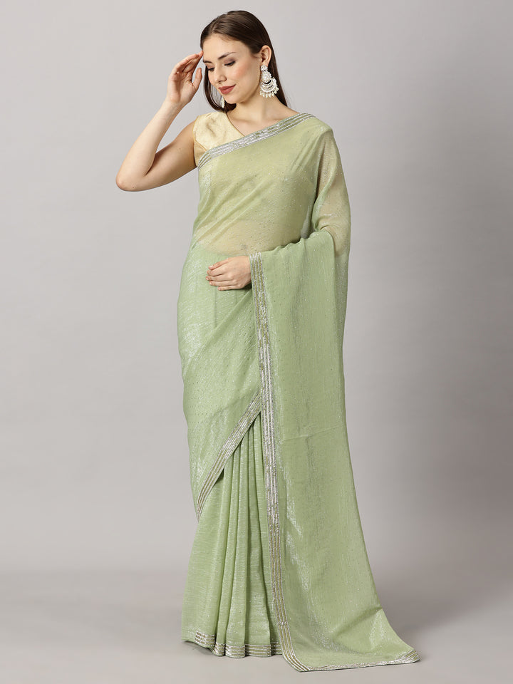 Shimmer Georgette Green Stone work Embroidered Saree