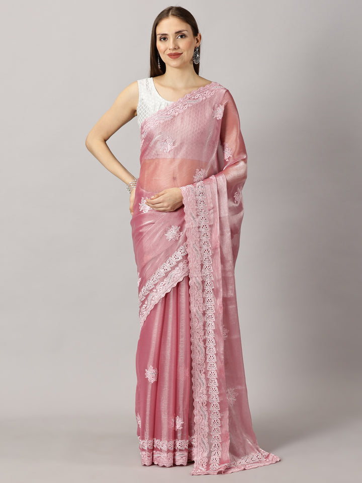 Organza Pink Thread work Embroidered Saree