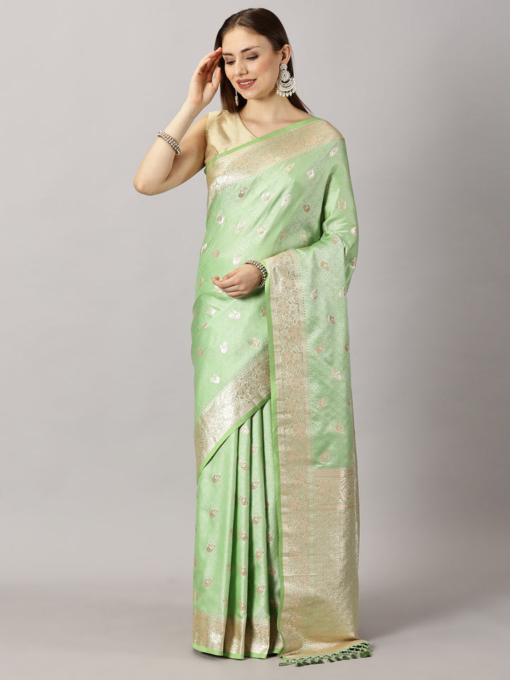 Pista Green Woven Satin Silk Saree