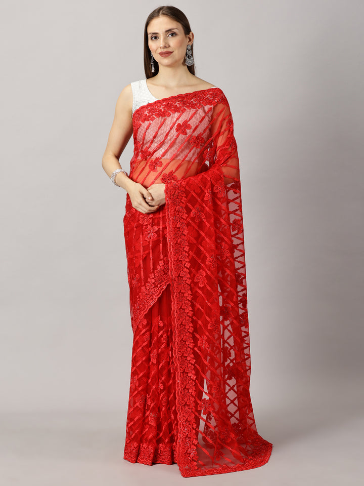 Net Red Thread work Embroidered Saree