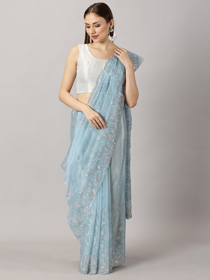 Organza Blue Sequence Work Embroidered Saree
