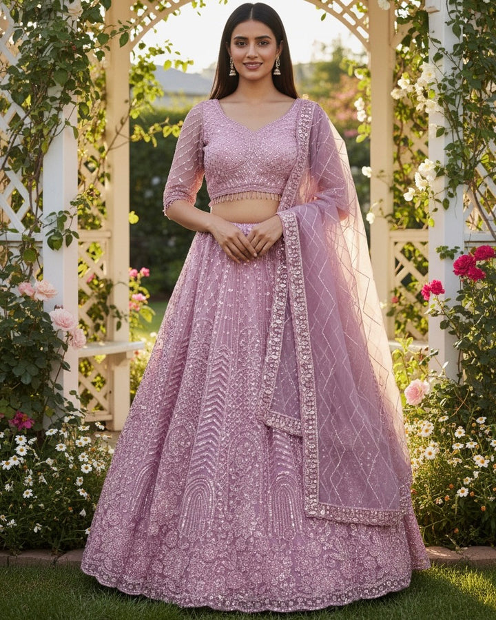 Embroidered Pink Net Dupatta with Elegant Detailing (54715)