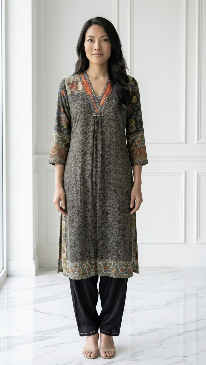 Black Muslin Embroidered Festive Straight Kurta (34769)