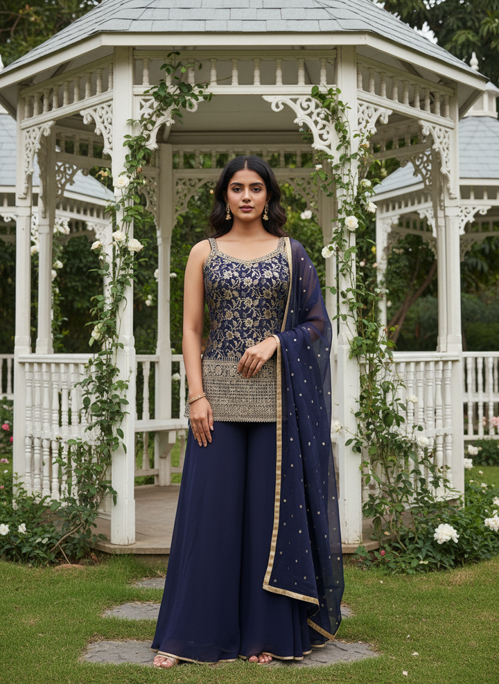 Navy Blue Woven Silk Plazo Suit (49452)