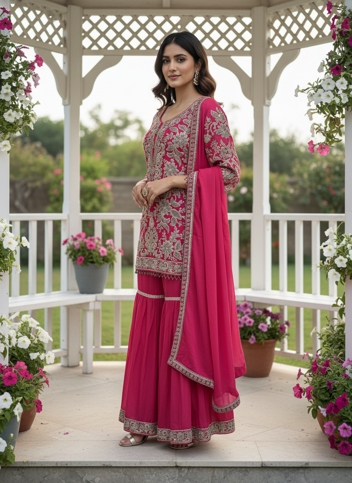 Rani Pink Handwork Chinnon Sharara Suit (49761)